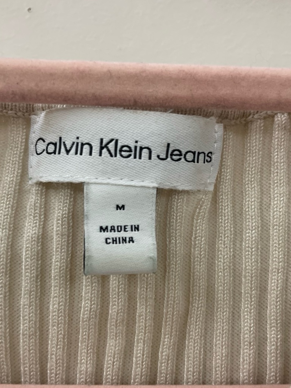 Calvin Klein Jeans Cream Ribbed Knit Top with Logo Tag
